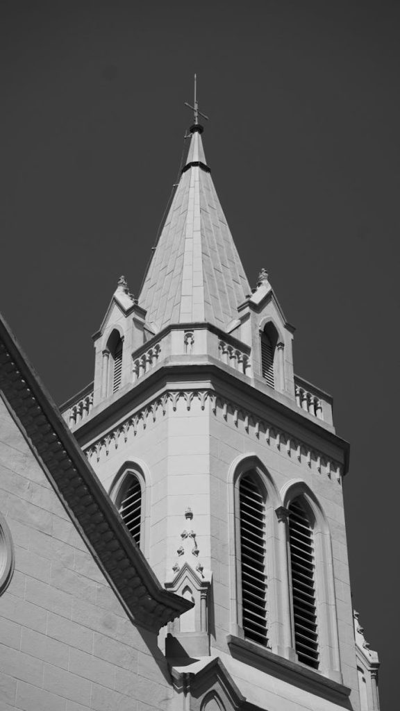 Black and white photo of a historic church steeple in Jundiaí, São Paulo, Brazil.